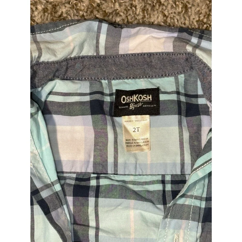 OshKosh B’gosh Boys 2T Blue White Plaid Button Down Shirt Long Sleeve